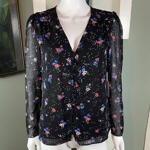 NWT New 1. State Black Blouse Floral sheer button down top shirt XS XSmall